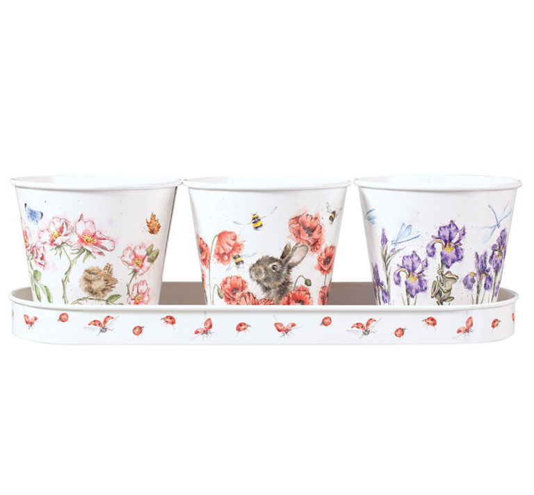 3er Set Töpfe mit Blumenmotiven auf Tablett – Kräutertöpfe von Wrendale Designs